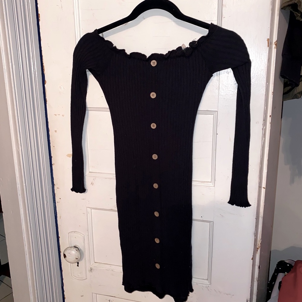 Black off shoulder black button long sleeve dress